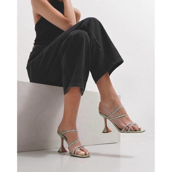 NEW AMINA MUADDI Naima Mint Green Crystal Embellished Fluted Sandals Siz… - Picture 5 of 15